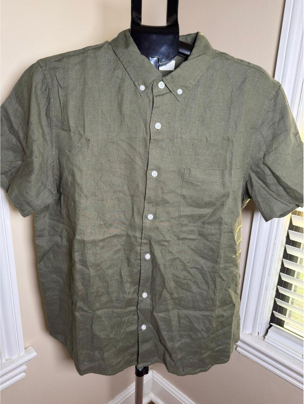 Everlane 100% European Linen Short Sleeve Button Front Shirt Olive Green Men’s L